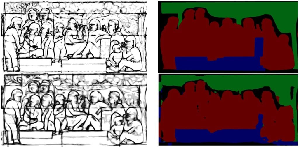 A soft-edge map (left) and semantic map (right) of the 2d relief image.